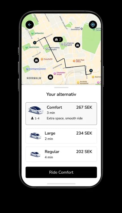 Smartphone displaying a ride-hailing app with a map, ride options, prices, and estimated times: Comfort (267 SEK), Large (234 SEK), Regular (202 SEK).